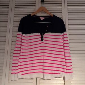 Lilly Pulitzer Pink & Black Striped Henley Pullover